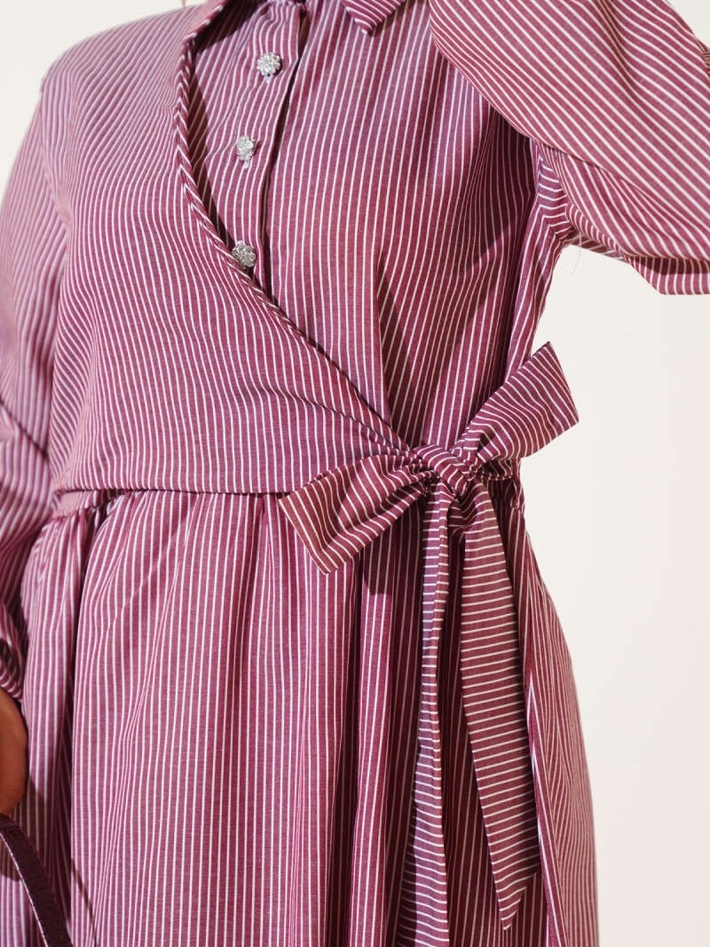 Modest Striped Wrap-Tie Maxi Shirt Dress – Burgundy - Picture 3 of 5
